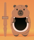A stylized cartoon bear-shaped product on an orange gradient background, shown next to a vertical rectangular tool labeled 'Globion'. The main bear figure is tan and brown with a large black opening in the center, white trim, and dark gray ears, nose, and feet.