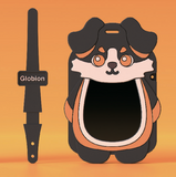 A dog-shaped phone case shown next to a matching stylus on a warm orange gradient background. The case features a cartoon dog face with black, white, and orange coloring, and the stylus has the brand name Globion on its body.