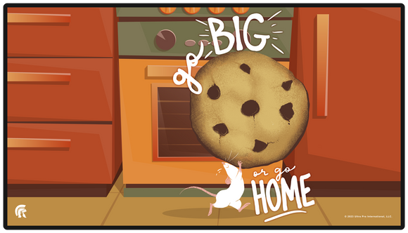 Cartoon scene with a giant cookie and a rabbit in a kitchen.