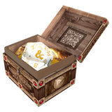 Wooden treasure chest with a large die inside, featuring a QR code on the lid.