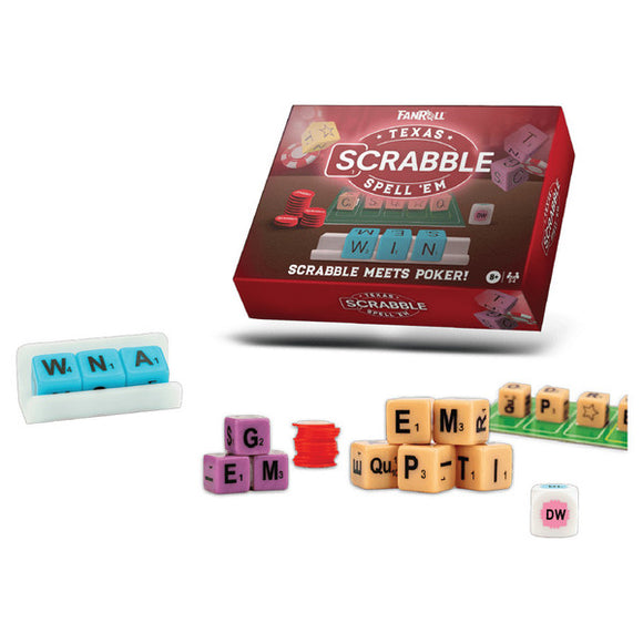 Texas Scrabble game set with tiles and packaging on a white background