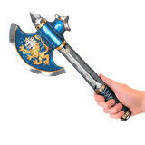 Decorative axe with a blue blade and lion emblem, held by a hand on a white background