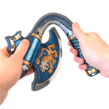 Decorative axe with blue handle and tiger design held by two hands on a white background