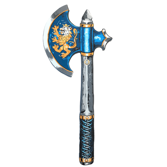 Decorative axe with a blue blade featuring a lion emblem on a white background