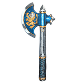 Decorative axe with a blue blade featuring a lion emblem on a white background