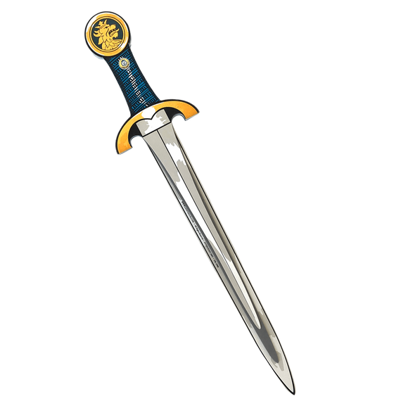 Decorative sword with a blue and gold handle on a white background