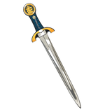Decorative sword with a blue and gold handle on a white background