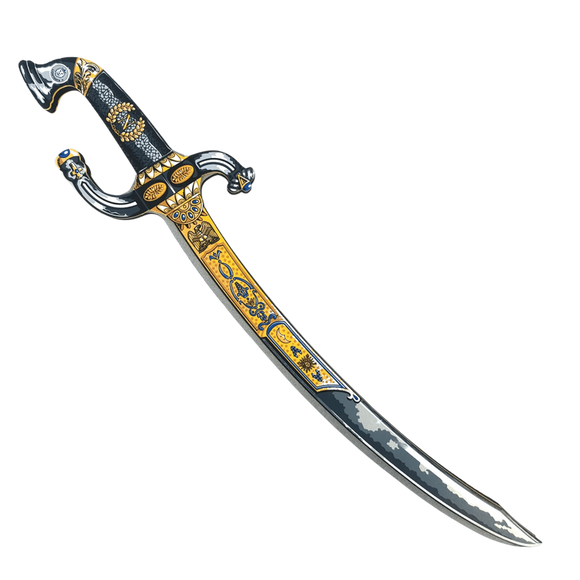 Decorative sword with gold and blue patterns on a white background
