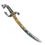 Decorative sword with gold and blue patterns on a white background