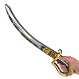 Decorative sword held by a hand on a white background