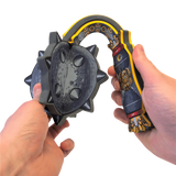 Two hands holding a decorative lock with intricate designs on a white background