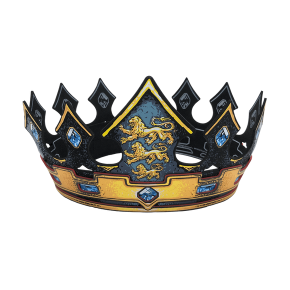 Decorative crown with lion emblem and gemstones on a white background