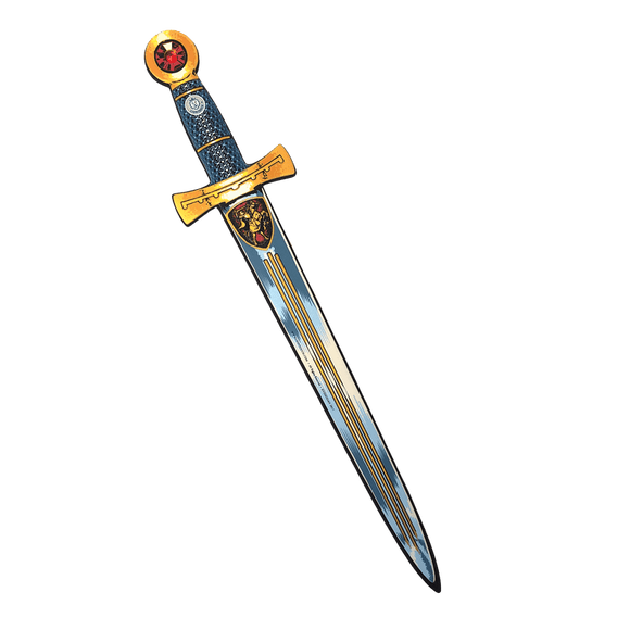 Decorative sword with a blue handle and gold accents on a transparent background