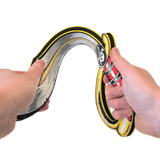 Two hands holding a curved metal object with a brand logo on a transparent background