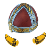 Decorative helmet with gold and blue accents on a white background