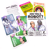 A set of colorful micro-game cards and instruction sheets for a game called 'Are You a Robot?' by Loosey Looney. The cards feature cartoon illustrations of people in lab coats and various bright colors including pink, green, yellow, and blue, laid out on a white background.