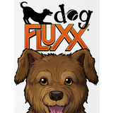 Dog Fluxx game cover with a brown dog illustration and text on a white background