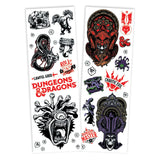 Tattoo sheet with Dungeons & Dragons character designs on a white background