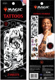 Two packages of 'Magic: The Gathering' tattoos with a person wearing temporary tattoos on one package.