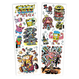 Two sheets of colorful cartoon character stickers on a white background