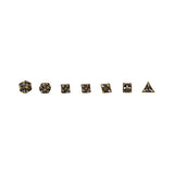 A set of seven metallic bronze-colored polyhedral gaming dice arranged in a horizontal row on a plain white background.
