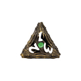 Triangular dice with a green gem and white accents on a white background
