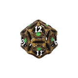 Dodecahedral dice with gold and black lattice design on a white background