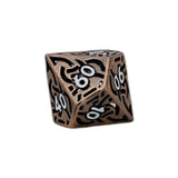 Bronze polyhedral dice with black numbering on a white background