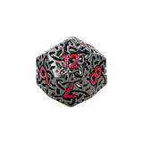 D20 dice with black and red design on a white background
