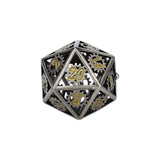 Metal polyhedral dice with gear design and gold numbering on a white background