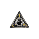 Triangular metal object with gear design and number '1' on a white background