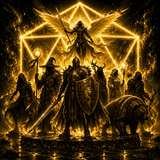 Fantasy artwork showing a group of armored and robed fantasy characters standing before a glowing golden geometric emblem and winged figure, with fiery gold light across a dark scene.
