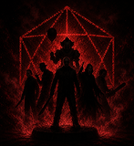 A dark, dramatic scene with five silhouetted horror characters standing in front of a glowing red geometric cage-like structure on a black background.