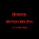 A black square graphic with red gothic-style text reading 'Horror Mystery Mini Box' and smaller text below saying '1 in 10 are Prized'.