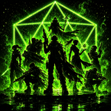 A dramatic sci-fi scene showing a group of silhouetted characters standing in front of a glowing neon green geometric structure against a dark, smoky background.