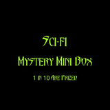 A black square graphic with green stylized text reading 'Sci-Fi Mystery Mini Box' and '1 in 10 are prised' centered on the image.