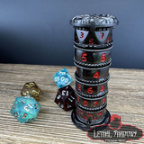 Stacked dice tower with numbered tiers and surrounding dice on a wooden surface, featuring 'Lethal Shadows' branding.