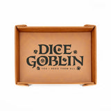 Brown dice tray with 'Dice Goblin' logo on a white background