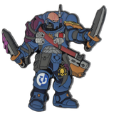 Colorful robot character with weapons on a white background