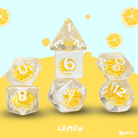 Set of dice with lemon design on a yellow and blue background