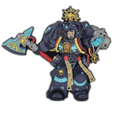 Decorative pin with a character in dark armor holding a weapon on a white background