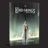 Book cover of 'The Lord of the Rings Roleplaying: Trials of Saruman' with a character in a white robe on a dark background.