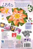 Back cover of a board game packaging featuring lotus flowers and game components.
