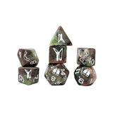 Set of polyhedral dice with camouflage pattern and white numbering on a white background