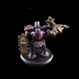 Metallic figurine with intricate design on a black background