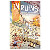 Book cover of 'In Ruins: A Dungeon Building Game' with cartoon characters around a table.