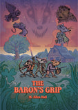Illustrated book cover for 'The Baron's Grip' by M. Allen Hall, featuring three mouse characters in a fantasy landscape with a haunted house, a tree, and shadowy animal figures against a purple and orange sky.