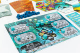 Board game with colorful cards and pieces on a white surface