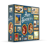 Board game box for 'Art Society' with artistic designs on a blue background