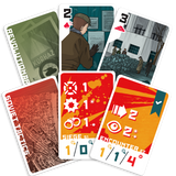 Collection of stylized playing cards with various designs and text on a white background